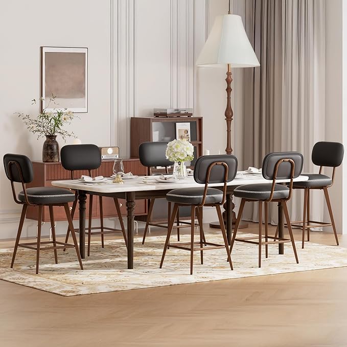 Swivel Bar Stools Set of 6, Mid Century PU Leather Counter Height Bar Chairs with Low Back and Metal Legs, Modern Bar Stool Chair for Kitchen Island, Black