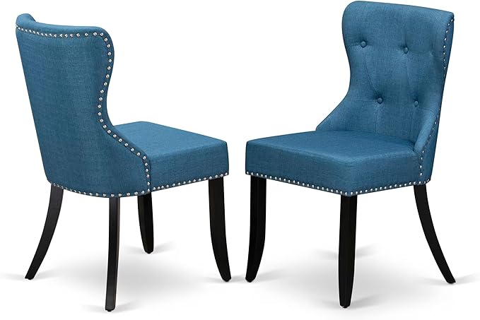 East West Furniture AMSI3-BCH-21 3 Piece Dinette Set for Small Spaces Contains a Round Kitchen Table with Pedestal and 2 Blue Linen Fabric Parson Dining Chairs, 36x36 Inch, Black & Cherry