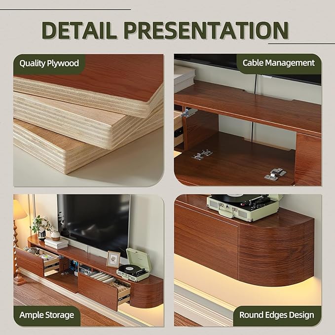 Fully Assembled Floating TV Stand with Drawers, 78IN Vintage Wall Mounted Entertainment Center, Minimalist Large Storage Console Under TV, Solid Wood Media Shelf for Living Room, Bedroom