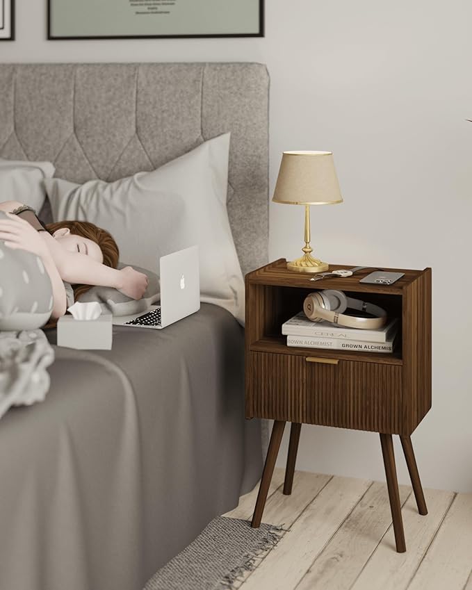 Nightstand,Modern Bedside Table with Storage Drawer and Open Wood Shelf, for Living Room, Bedroom and Small Spaces, Accent Night Stand with Solid Wood Legs, Easy Assembly,Walnut Brown