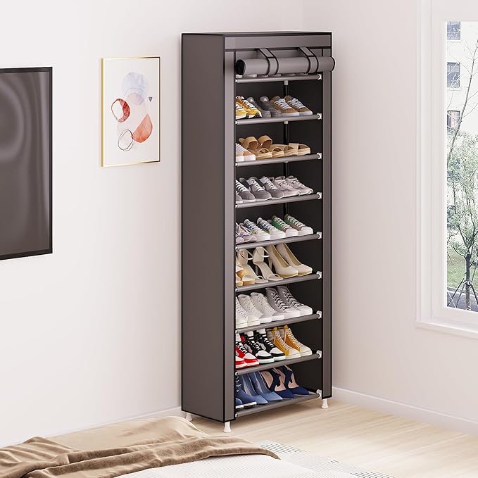 Calmootey 9 Tier Shoe Rack Organizer,Portable Shoe Shelf with Nonwoven Fabric Cover for Closet Hallway,Bedroom,Entryway,Grey