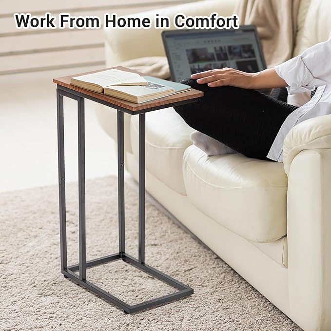 C-Shaped End Table, TV Tray Set of 2, Couch Side Laptop Table, for Living Room, Bedroom, Small Spaces, Rustic Brown and Black, 2 Pack