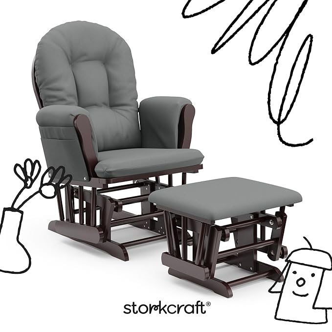 Storkcraft Premium Hoop Glider & Ottoman (Espresso/Gray) — GREENGUARD Gold Certified Nursery Glider, Solid Wood Craftsmanship, Smooth-Gliding Nursery Chair and Ottoman, Award-Winning