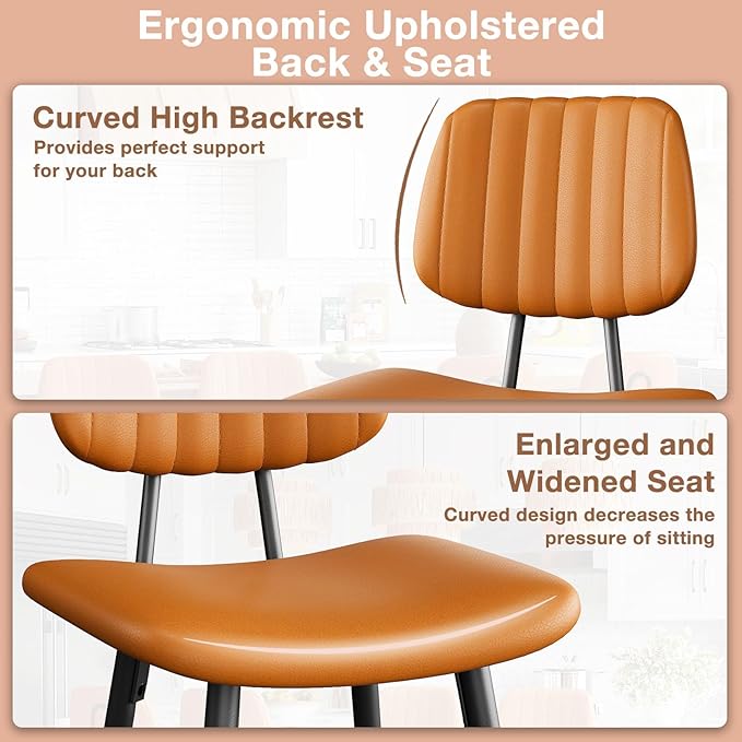 24-Inch Leather Bar Stools Set of 2, Counter Height Barstools with High Backrest，Bar Chairs for Kitchen Island with Heavy Duty Metal Legs, Brown