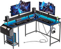 53inch L Shaped Desk,L Shaped Gaming Desk with Power Outlets & LED Lights, Computer Desk with Monitor Stand & Storage Bag, Home Office Desk Corner Desk with Hooks, Easy to Assemble, Black