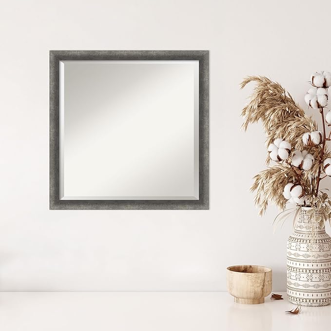 Amanti Art Grey Wall Mirror 22x22 Burnished Concrete Narrow Square Bathroom Mirror for Wall Decor Living Room, Medium Modern Contemporary Wood Frame, Hangs Horizonally and Vertically, Bathroom Decor