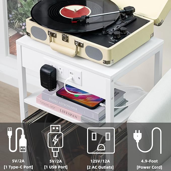 LELELINKY White Night Stand with Charging Station and LED Lights, Record Player Stand with USB Port and Type-C Port, 3 Tier Side Table with Vinyl Storage Shelf, End Tables for Bedroom Small Spaces