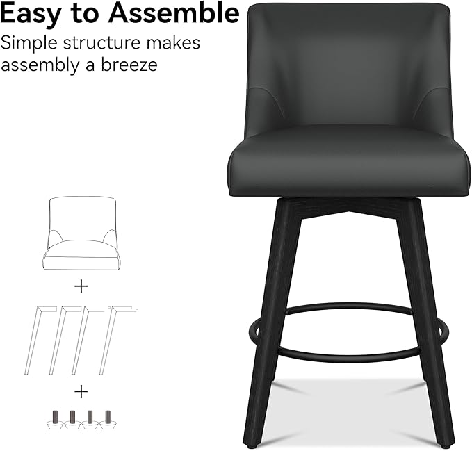 Counter Height Bar Stools Set of 6, Modern Swivel Barstools with Back and Wood Legs, Faux Leather Upholstered Bar Chairs, 26" H Kitchen Counter Stools, Kitchen Island Home Bar, Black Grey
