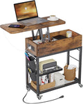Colima Lift Top End Table with Charging Station and Wheels, Sofa Side Table with USB Port & AC Outlets, Movable Bedside Nightstand with Side Bag for Office Living Room Bedroom(Rustic Wood)