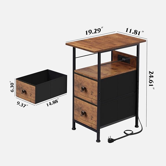 WLIVE Narrow Side Table with Charging Station, End Table with LED Lights,2 Fabric Drawers and Open Shelf, Bed Side Tables Living Room, Small Spaces, Bedroom, Night Stand with Charger Station