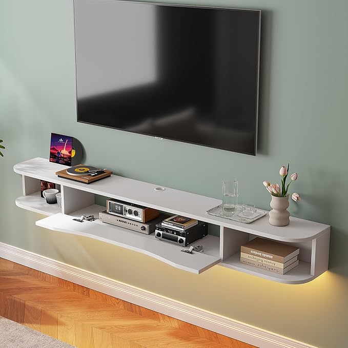 Floating TV Stand,70'' Wall Mounted TV Cabinet,Floating TV Console,Under TV Shelf with 1 Door and 2 Cabinets for TVs up to 75''(White)