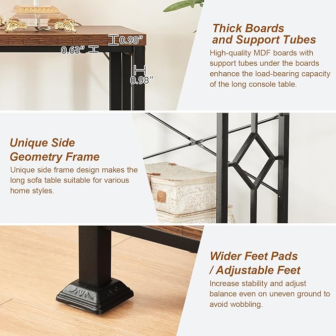 HOMISSUE Long Entryway Console Table, 70.9" Industrial Narrow Sofa Tables Behind Couch with 2 Tier Storage Shelf for Hallway, Living Room, Rustic Brown