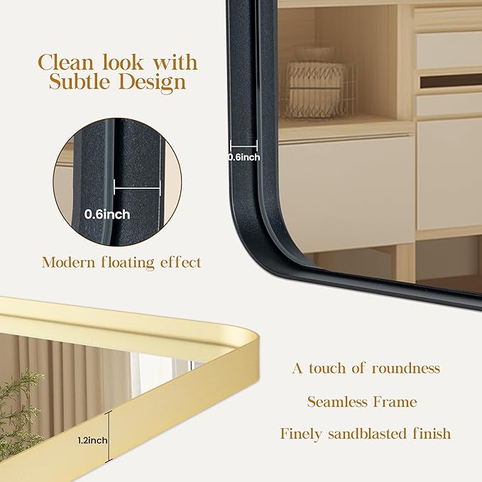 Fun Memories Glod Bathroom Mirror 24x36 Inch Bathroom Vanity, Metal Black Frame Large Mirror, Modern Wall Mirror for Bathroom, Tempered Glass, Farmhouse, Horizontally or Vertically