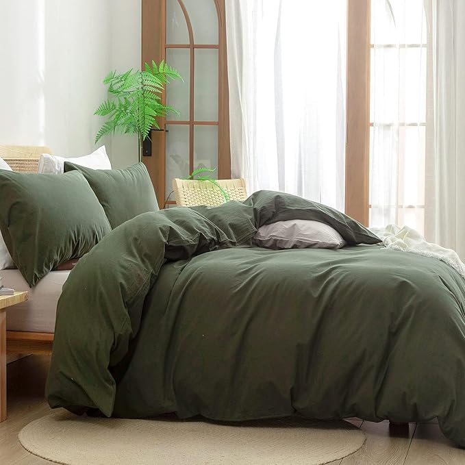 BESTOUCH Duvet Cover Set 100% Washed Cotton Linen Feel Super Soft Comfortable Chic Lightweight 3 PCs Home Bedding Set Solid Olive Green Oversized Full