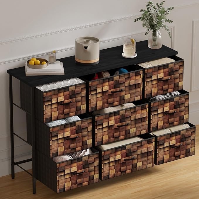 TV Stand with 9 Drawers, Chest of Drawers with Fabric Bins, Black Wood Top Dresser for Bedroom, Storage Organizer Cabinet for Closet (Brown)