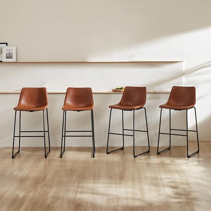 DUMOS 30 Inch Counter Height Bar Stools Set of 4, Modern Faux Leather High Barstools with Back and Metal Leg, Bar Chairs for Kitchen lsland, Elegant Brown