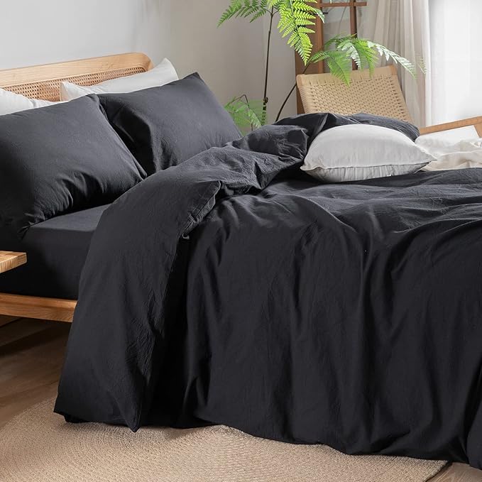 BESTOUCH Duvet Cover Set 100% Washed Cotton Linen Feel Super Soft Comfortable Chic Lightweight 3 PCs Home Bedding Set Solid Deep Black Oversized King