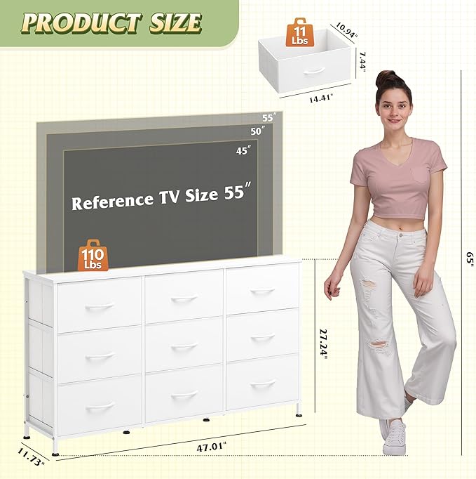 WLIVE 47''W Dresser for Bedroom, White Dresser TV Stand for 45, 50, 55 inch TV, Wide Chest of Drawers with 9 Drawer, Large Entertainment Center, Fabric Dressers with Wood Top for Closet, Living Room