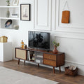 Tiita Rattan TV Stand for 55 65 Inch TV, Bamboo TV Cabinet with 2 Drawers, Boho Entertainment Center with Adjustable Shelf, Mid Century Modern Media Console for Bedroom, Living Room, Walnut