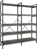Huuger 5 Tier Bookshelf, Display Bookshelf with 10 Open Shelves and Raised Baffle, 47.2 Inch Straight Wide Bookcase with Metal Frame and Wooden Board, Adjustable Feet, Grey