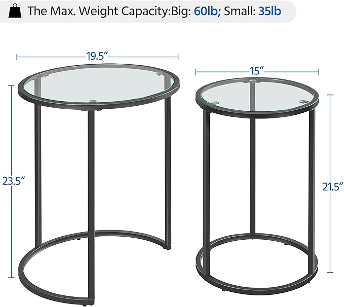 Yaheetech Round Nesting End Table Set of 2,Stacking Side Tables,Coffee Tables Set w/Metal Frame & Glass Top & Protective Foot Pads for Small Space, Living Room, Office- Black