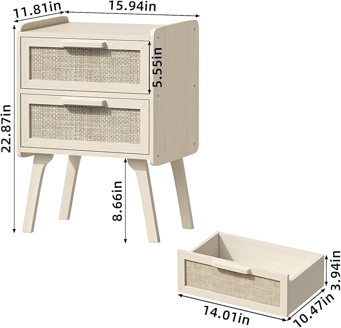 Lerliuo Rattan Nightstand, Boho Night Stand with 2 Drawers, Cane Accent Side End Table, Bedside Table with Solid Wood Legs for Bedroom, Dorm and Small Spaces (White)