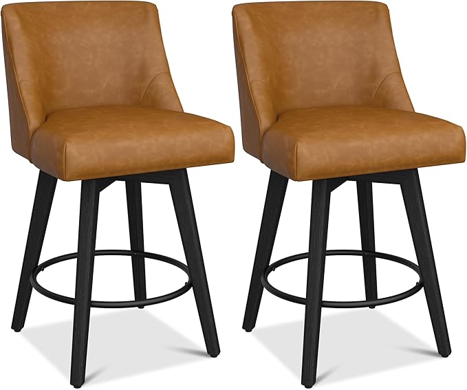 Counter Height Bar Stools Set of 2, Modern Swivel Barstools with Back and Wood Legs, Faux Leather Upholstered Counter Height Stools, 26" H Kitchen Island Stools, Home Bar, Whisky Brown