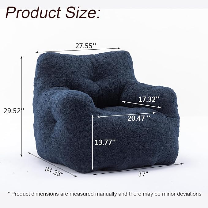 Recaceik Bean Bag Chairs, Tufted Soft Stuffed Bean Bag Chair with Filler, Fluffy Lazy Sofa, Imperial Lounger Giant Bean Bag Chair for Bedroom, Living Room, Blue, Large