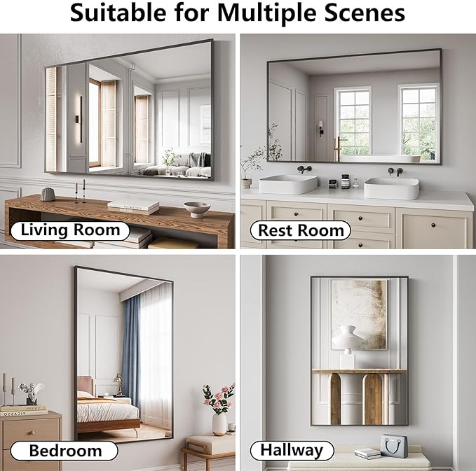 Bathroom Mirror 36x55 Black Bathroom Wall-Mounted Mirrors, Modern Vanity Mirror for Bedroom, Living Room, Aluminum Alloy Frame Allow to Hang Horizontally or Vertically