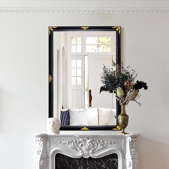 39" x 27" Large Vintage Decoration Mirror, Dark Antique Mirror Wall Decor for Living Room Fireplace, Black and Gold Victorian Wood Frame Glass Wall Decor for Bathroom