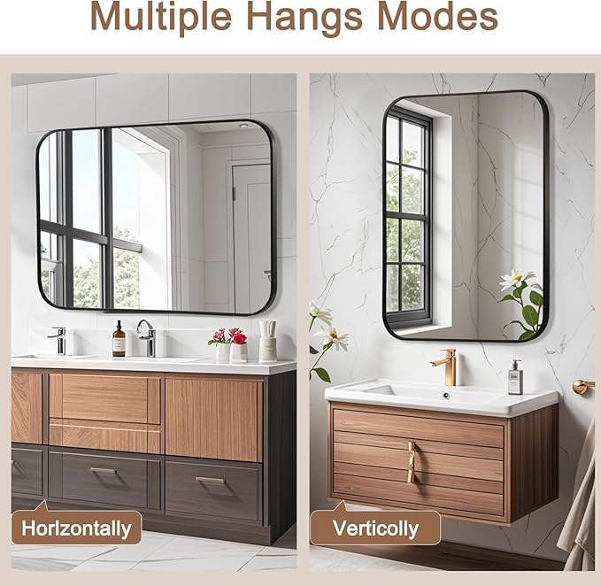 Matte Black Mirror, 26"x38" Rectangle Bathroom Mirror, Metal Frame Rectangle Corner Vanity Mirror, Wall Mounted Mirror for Modern, Living Room, Bedroom, Horizontal Or Vertical