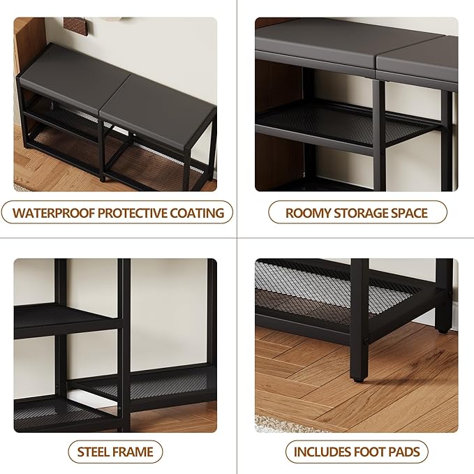 ZHOOGE Shoe Bench & Rack Storage Bench - Entryway Bench with Seat Cushion, Stable Organizer for Entryway & Living Room, Holds Up to 300 lb, (35" L x 12" W x 17" H, Black)