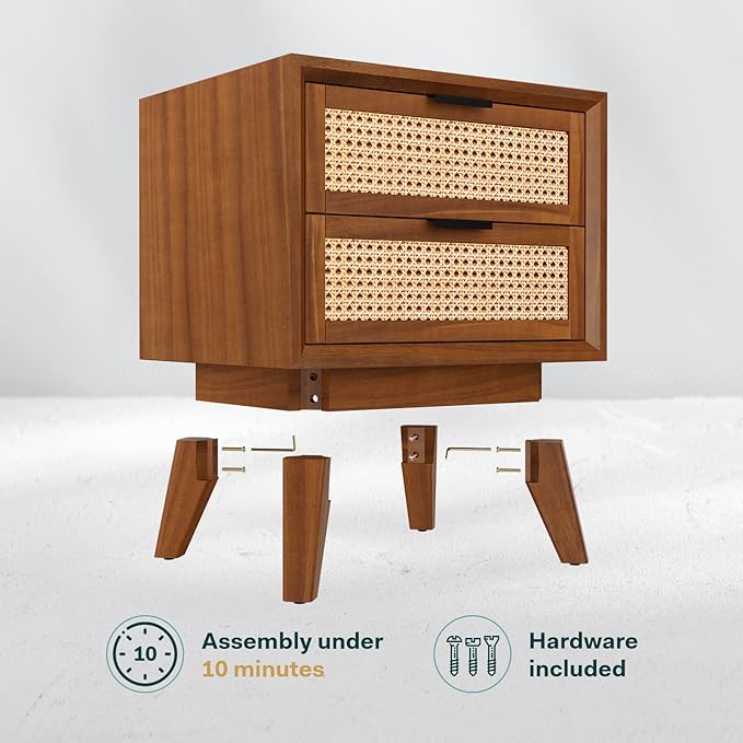 Bme Jasper Deluxe Solid Wood Rattan Nightstand Fully Assembled - Mid Century Modern Side Table with 2 Drawers - Multipurpose use for Living Room, Bedroom - Dark Chocolate