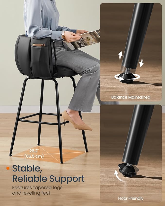 SONGMICS HOME 360° Swivel Bar Stools Set of 2, Barstools with Curved Back, Upholstered Counter Bar Stools with Footrest, Metal Tapered Legs, for Kitchen Island, Dining Room, Ink Black ULBC123B02