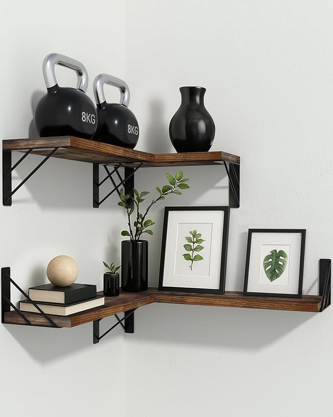 BAYKA Wall Shelves for Bedroom Decor, Floating Wall Shelves for Living Room Kitchen Storage, Wall Mounted Rustic Wood Floating Shelves for Kids Books, Corner Shelf for Bathroom(Rustic Brown，Set of 4)