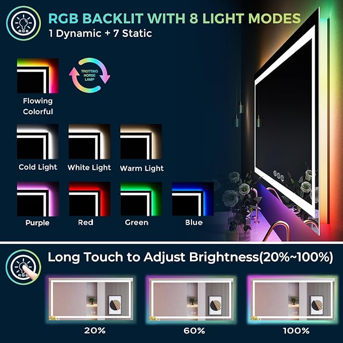 65x36 Inch RGB LED Bathroom Mirror Front Light and RGB Backlit Lighted Vanity Mirror for Bathroom Wall Mounted Dimmable Anti Fog Memory Shatter-Proof IP54 Waterproof Horizontal/Vertical