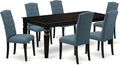 East West Furniture LGCE7-BLK-21 7 Piece Modern Dining Set Consist of a Rectangle Dining Table with Butterfly Leaf and 6 Mineral Blue Linen Fabric Upholstered Chairs, 42x84 Inch, Black