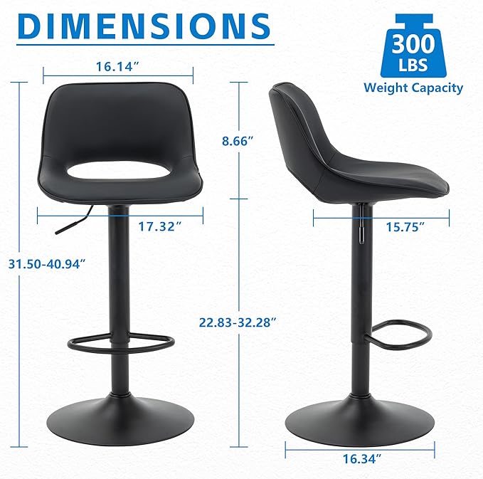 YOUNIKE Black Bar Stools Set of 2 Compact Modern Swivel Barstools, Adjustable Counter Height Bar Stools Faux Leather Upholstered Bar Stool with Hollow Back for Kitchen Island