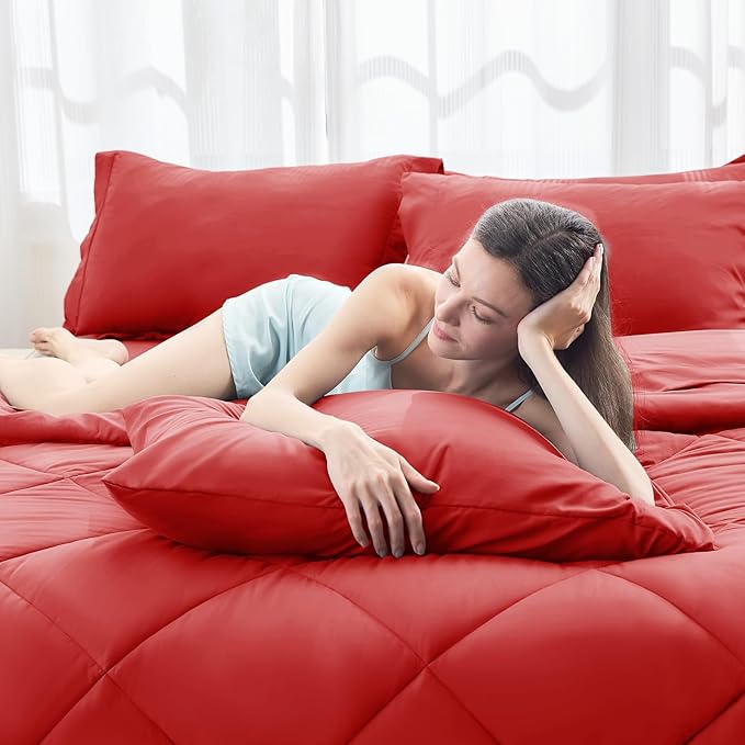 HEVUMYI Red Cali-King Comforter Set - 7-Piece All Season Bed in a Bag Cali-King, Ultra Soft Bedding Set with Comforter, Flat Sheet, Fitted Sheet, Pillowcases, Pillow Shams