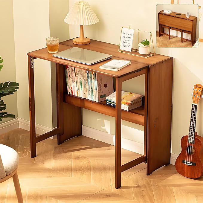 Bamboo Folding Desk Mid Century Modern Desk for Home Office Bedroom Small Spaces, Brown