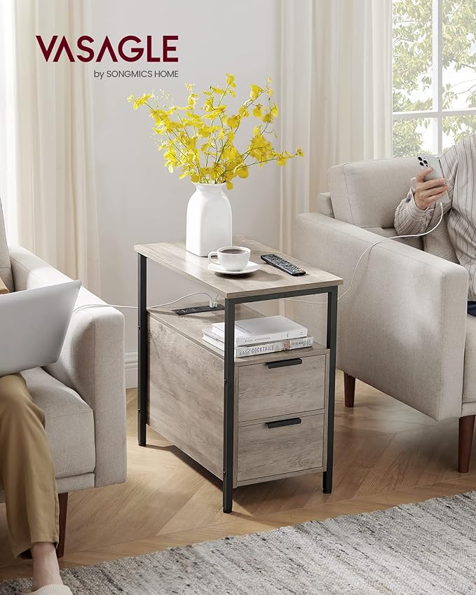 VASAGLE Side Table with Charging Station, Narrow End Table with 2 Drawers, Slim Nightstand and Bedside Table with Storage, for Small Spaces, Greige + Black