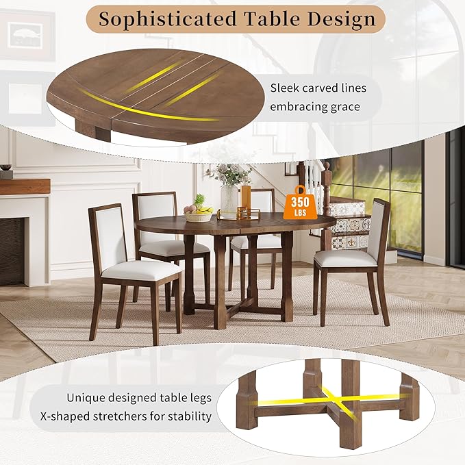 Merax 5-Piece Extendable Dining Table and 4 Upholstered Chairs, Round Oval Dining Table Set for 4, Wood MDF Kitchen Table Set with Removable Leaf for Dining Room, 42" to 58" (Brown)