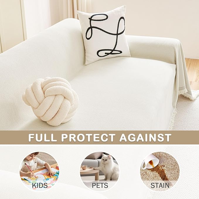 hyha Couch Cover for Dogs, Boho Sofa Covers for 3 Cushion Couch Washable, Chenille Sofa Slipcover for Pets, Soft Loveseat Sectional Couch Throw Blankets with Tassels (Beige, 88.5x118 Inch)