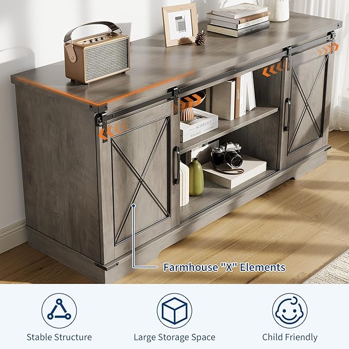 GarveeHome Farmhouse TV Stand for TV up to 65 Inches and Entertainment Center with Sliding Barn Doors and Adjustable Shelf, Tv Media Console Table with Storage Cabinet for Living Room, Bedroom, Grey