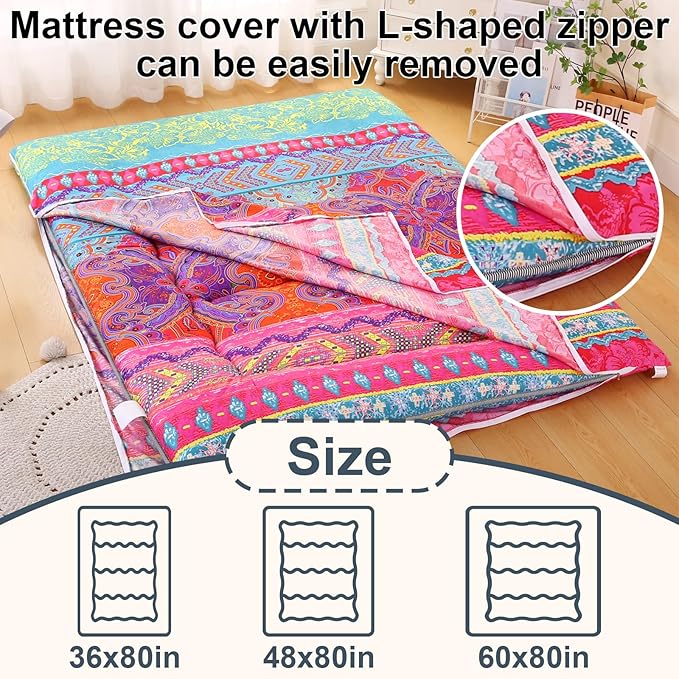 Bohemian Retro Japanese Floor Mattress, Vintage Floral Tatami Floor Mat, Portable Roll up Futon Mattress for Guest,Tavel (D,Queen80 X 60")