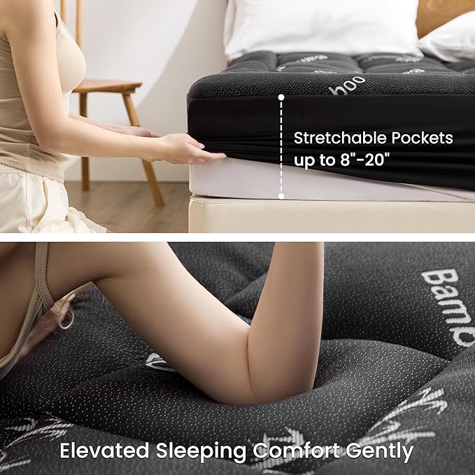 Love's cabin Queen Mattress Topper, Rayon Derived from Bamboo, 900 GSM Breathable Mattress Topper Pad, Thick Pillow Top Mattress Pad with Stretches up 8"-20" Deep Pocket(60"x80"), Black
