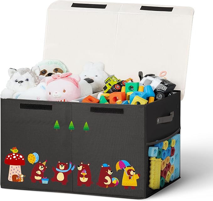 80L Large Toy Storage Box with Lid, Large Toy Box Chest for Kids, Girls and Boys, Nursery Room and Living Room, 26"x13" x16" (black-bear)