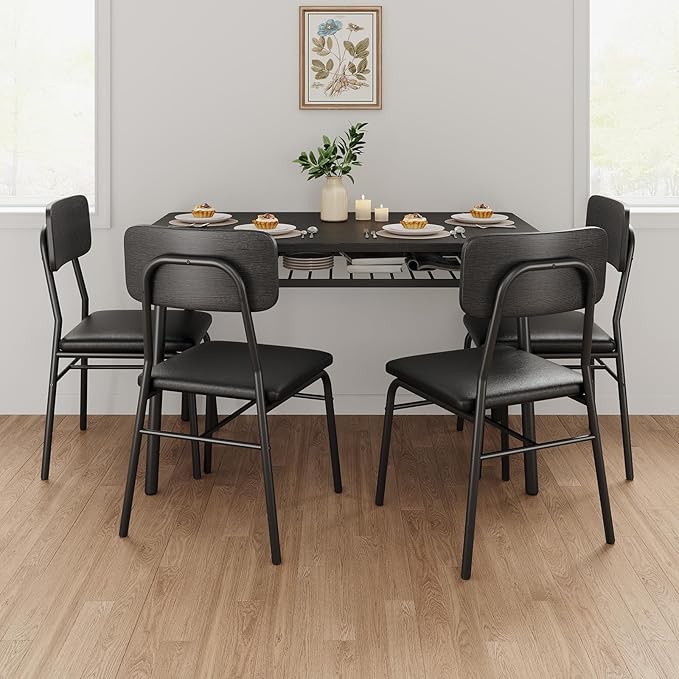 GarveeHome Dining Table Set for 4 with Storage Rack, 5-Piece Kitchen Table and Upholstered Chairs of 4, Wood Tabletop & Heavy-Duty Metel Frame, Dining Room Set for Small Space, Apartment, Black