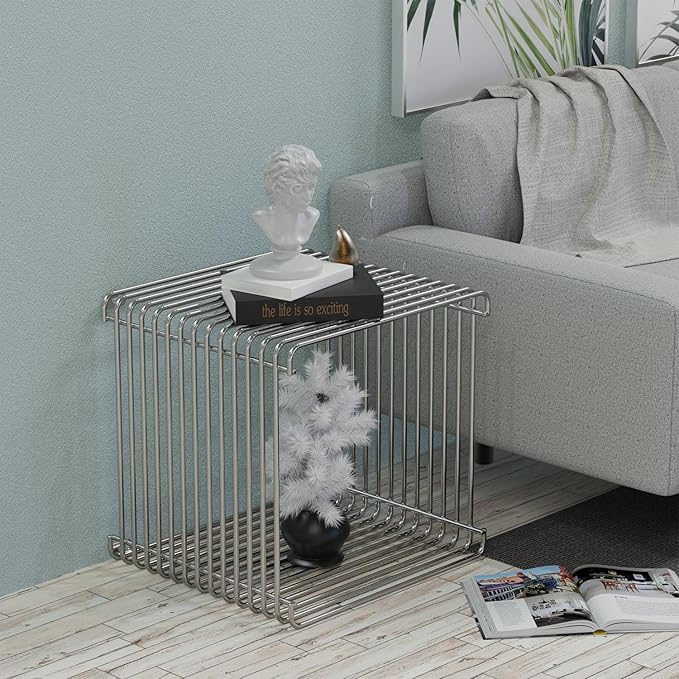 Square Geometry Retro Side Table Prime-Stainless Steel Linear Metal End Table, Iron Multi-Purpose Desktop Shelf (Silver)