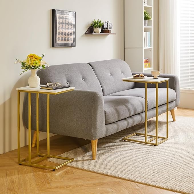 Small Side Tables C Shaped, End Table, Small Table Stand for Living Room Bedroom, Little Bedside Table Faux Marble+Gold YD-TM051G